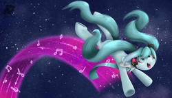 Size: 3500x2000 | Tagged: safe, artist:valemjj, imported from derpibooru, earth pony, pony, anime, hatsune miku, music notes, ponified, solo, space, vocaloid