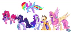 Size: 2048x924 | Tagged: safe, artist:petaltwinkle, imported from derpibooru, applejack, fluttershy, pinkie pie, rainbow dash, rarity, twilight sparkle, earth pony, pegasus, pony, unicorn, eye clipping through hair, female, flying, glasses, height difference, jewelry, mane six, mare, necklace, physique difference, pronking, simple background, spread wings, unicorn twilight, unshorn fetlocks, white background, wings
