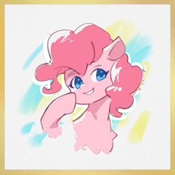 Size: 960x960 | Tagged: safe, artist:lendftcn, imported from derpibooru, pinkie pie, earth pony, pony, abstract background, border, bust, colored pupils, female, grin, mare, smiling, solo