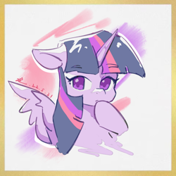 Size: 960x960 | Tagged: safe, artist:lendftcn, imported from derpibooru, twilight sparkle, alicorn, pony, bust, eyebrows, eyebrows visible through hair, floppy ears, hoof on chin, one wing out, solo, twilight sparkle (alicorn), wings