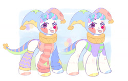 Size: 1280x812 | Tagged: safe, artist:maximkoshe4ka, imported from derpibooru, oc, oc only, oc:patchesfrancesdoodlepancakeknickerbackervii, pony, ;p, clothes, clown, clown makeup, hat, jester, jester hat, male, one eye closed, simple background, solo, sweater, tongue out