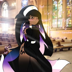 Size: 1000x1000 | Tagged: safe, artist:bunfoxx20studios, imported from derpibooru, oc, oc:alexus nictivia, anthro, pegasus, church, cute, dialogue, nun outfit, solo, wholesome