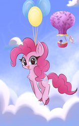 Size: 2200x3500 | Tagged: safe, artist:thebigstuff89, imported from derpibooru, fluttershy, pinkie pie, twilight sparkle, earth pony, pegasus, pony, balloon, chest fluff, cloud, cute, diapinkes, female, floating, flying, high res, horn, hot air balloon, looking at you, mare, open mouth, open smile, sky, smiling, smiling at you, sparkly eyes, spread wings, then watch her balloons lift her up to the sky, trio, twinkling balloon, wingding eyes, wings