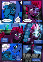 Size: 2480x3508 | Tagged: safe, artist:dsana, imported from derpibooru, glitter drops, princess luna, spring rain, tempest shadow, oc, oc:lullaby dusk, alicorn, pegasus, pony, unicorn, comic:a storm's lullaby, crying, female, filly, foal, lightning, mare