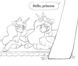 Size: 3557x3000 | Tagged: safe, artist:bloodymrr, imported from derpibooru, princess celestia, princess luna, twilight sparkle, alicorn, pony, comic, dialogue, female, lineart, lying down, mare, monochrome