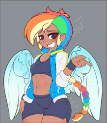 Size: 517x593 | Tagged: safe, artist:inkypuso, imported from derpibooru, rainbow dash, human, abs, alternate hairstyle, belly button, braid, braided ponytail, clothes, compression shorts, female, gray background, grin, humanized, looking at you, midriff, muscle fetish, muscles, ponytail, simple background, smiling, smiling at you, solo, sports bra, tan skin, tomboy, watermark, winged humanization, wings