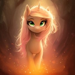 Size: 512x512 | Tagged: safe, imported from derpibooru, oc, pony, unicorn, ai assisted, ai content, ai generated, burn, cute, ear fluff, fire, fluffy, generator:purplesmart.ai, generator:stable diffusion, green eyes, magic, pink mane, prompter:saltyvity, solo, sparkles