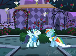 Size: 808x598 | Tagged: safe, artist:soarinldash, imported from derpibooru, rainbow dash, soarin', pegasus, pony, a canterlot wedding, ^^, blushing, clothes, dancing, eyes closed, female, garden, male, mare, shipping, smiling, soarindash, stallion, straight