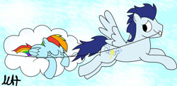 Size: 900x435 | Tagged: safe, artist:willowtails, imported from derpibooru, rainbow dash, soarin', pegasus, pony, cloud, female, flying, male, mare, shipping, sky, sleeping, soarindash, stallion, straight