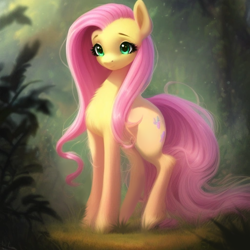Size: 512x512 | Tagged: safe, imported from derpibooru, fluttershy, pegasus, pony, ai assisted, ai content, ai generated, cute, ear fluff, fluffy, forest, generator:purplesmart.ai, generator:stable diffusion, grass, green eyes, pink mane, prompter:saltyvity, smiling, solo, sparkles, tree