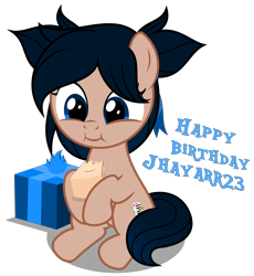 Size: 3460x3764 | Tagged: safe, artist:strategypony, imported from derpibooru, oc, oc only, oc:crescend cinnamon, earth pony, pony, birthday, cake, cute, earth pony oc, eating, female, filly, foal, food, happy birthday, pigtails, present, simple background, solo, text, transparent background, twintails