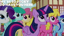 Size: 2000x1125 | Tagged: safe, edit, edited screencap, editor:quoterific, imported from derpibooru, screencap, cherry berry, dizzy twister, minuette, orange swirl, rarity, spring melody, sprinkle medley, twilight sparkle, alicorn, earth pony, pegasus, pony, unicorn, pinkie pride, twilight sparkle (alicorn)