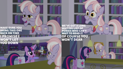 Size: 2000x1125 | Tagged: safe, edit, edited screencap, editor:quoterific, imported from derpibooru, screencap, dusty pages, twilight sparkle, earth pony, pony, unicorn, the point of no return, bag, book, librarian, library, magic, saddle bag, telekinesis, unicorn twilight
