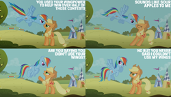 Size: 2000x1125 | Tagged: safe, edit, edited screencap, editor:quoterific, imported from derpibooru, screencap, applejack, rainbow dash, earth pony, pegasus, pony, fall weather friends, accusation, angry, applejack is not amused, applejack's hat, argument, cowboy hat, duo, duo female, eyes closed, female, flying, freckles, gritted teeth, hat, mare, open mouth, pointing, rainbow dash is not amused, rivalry, spread wings, teeth, unamused, wings