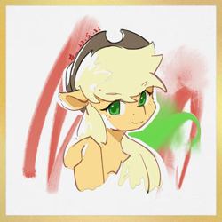 Size: 960x960 | Tagged: safe, artist:lendftcn, imported from derpibooru, applejack, pony, abstract background, bust, chest fluff, eyebrows, eyebrows visible through hair, freckles, looking at you, solo