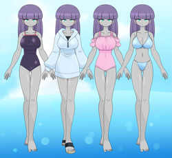 Size: 3835x3529 | Tagged: safe, artist:batipin, imported from derpibooru, maud pie, human, equestria girls, barefoot, belly button, big breasts, bikini, blue bikini, blue swimsuit, breasts, busty maud pie, cleavage, clothes, expressionless, feet, female, hoodie, lidded eyes, looking at you, multiple images, one-piece swimsuit, pink swimsuit, pose, purple swimsuit, sandals, solo, swimsuit