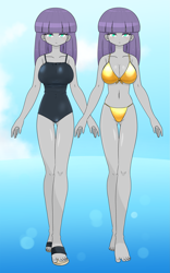Size: 2203x3529 | Tagged: safe, alternate version, artist:batipin, imported from derpibooru, maud pie, human, equestria girls, barefoot, belly button, big breasts, bikini, black swimsuit, breasts, busty maud pie, cleavage, clothes, expressionless, feet, female, gold bikini, gold swimsuit, lidded eyes, looking at you, multiple images, one-piece swimsuit, pose, sandals, solo, swimsuit