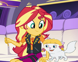 Size: 807x643 | Tagged: safe, edit, edited screencap, editor:incredibubbleirishguy, imported from derpibooru, screencap, sunset shimmer, cat, human, driving miss shimmer, equestria girls, equestria girls series, annie (little einsteins), blonde hair, cropped, crossover, driving miss shimmer: rarity, female, geode of empathy, kitten, limousine, little einsteins, magical geodes, owner, pencil, pet, pigtails, seat, species swap, white fur