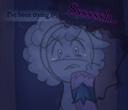 Size: 765x659 | Tagged: safe, anonymous artist, imported from derpibooru, opaline arcana, alicorn, pony, unicorn, series:misty pov, afro, alternate hairstyle, condescending, crying, dialogue, ears back, eyebrows, eyebrows visible through hair, female, g5, gaslighting, interrupted, limited palette, manipulation, mare, misty brightdawn, offscreen character, opabitch, raised hoof, shaking, shhh, solo, teary eyes, this will end in tears, this will not end well, unshorn fetlocks