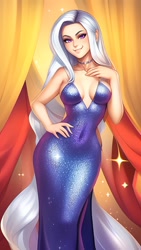 Size: 864x1536 | Tagged: safe, editor:sammykun, imported from derpibooru, trixie, human, equestria girls, ai content, ai generated, bare shoulders, blue dress, breasts, busty trixie, clothes, curvy, dress, hand on hip, humanized, jewelry, long dress, looking at you, necklace, prompter:sammykun, reasonably sized breasts, request, requested art, shiny, sleeveless, slim, smiling, sparkles, teeth, tight clothing