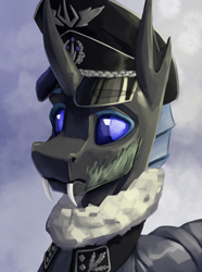 Size: 3120x4200 | Tagged: safe, artist:stardustspix, imported from derpibooru, oc, changeling, equestria at war mod, abstract background, blue changeling, bust, clothes, coat, colored eyebrows, colored eyelashes, fangs, frown, hat, high res, looking at you, male, military uniform, portrait, scar, solo, uniform