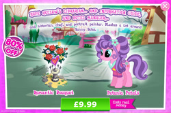 Size: 1958x1304 | Tagged: safe, imported from derpibooru, petunia petals, earth pony, pony, advertisement, bouquet, bouquet of flowers, clothes, costs real money, english, female, flower, flower in hair, freckles, gameloft, mare, mobile game, my little pony: magic princess, numbers, official, sale, solo, text