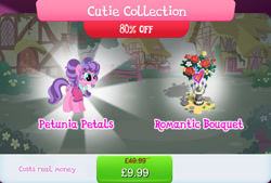Size: 1263x854 | Tagged: safe, imported from derpibooru, petunia petals, earth pony, pony, bouquet, bundle, clothes, costs real money, english, female, flower, flower in hair, freckles, gameloft, mare, mobile game, my little pony: magic princess, numbers, official, sale, solo, text