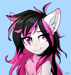 Size: 2712x2876 | Tagged: safe, artist:cmdrtempest, imported from derpibooru, oc, oc:lunylin, pegasus, pony, ahoge, blue background, chest fluff, colored chest fluff, colored eartips, ear fluff, eye clipping through hair, eyebrows, eyebrows visible through hair, facial markings, female, heterochromia, looking back, mare, multicolored hair, simple background, smiling, solo, two toned mane