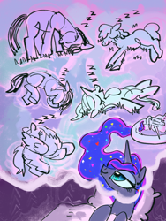 Size: 3000x4000 | Tagged: safe, artist:ja0822ck, imported from derpibooru, princess celestia, princess luna, oc, alicorn, earth pony, pegasus, pony, unicorn, behaving like a bird, cute, dream, female, mare, onomatopoeia, sleeping, snoring, sound effects, zzz