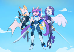 Size: 1066x750 | Tagged: safe, artist:roboprismproductions, imported from derpibooru, rarity, alicorn, anthro, bat, dragon, alicornified, armor, armorarity, determined, female, floating, flying, freedom planet, gun, jetpack, looking at you, race swap, rapier, raricorn, rocket knight, rouge the bat, sash lilac, sky, sky background, sonic the hedgehog (series), spread wings, sword, trio, trio female, weapon, wings