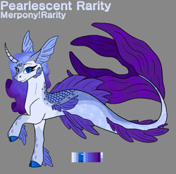 Size: 899x889 | Tagged: safe, artist:kosmicdragonart, imported from derpibooru, rarity, hybrid, kirin, merpony, seapony (g4), unicorn, blue eyes, blue tail, cloven hooves, curved horn, digital art, dorsal fin, eyelashes, female, fin, fins, fish tail, floppy ears, flowing mane, flowing tail, gray background, horn, kirin rarity, looking at you, mare, seaponified, seapony rarity, simple background, smiling, smiling at you, solo, species swap, tail