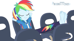 Size: 1094x618 | Tagged: safe, imported from derpibooru, rainbow dash, equestria girls, barefoot, blue, clothes, cute, feet, feet up, female, fetish, foot fetish, foot focus, rainbow, relaxing, shoes, simple background, solo, transparent background