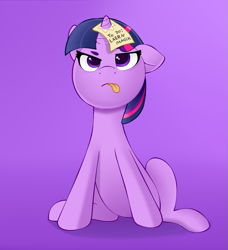 Size: 979x1075 | Tagged: safe, artist:waffletheheadmare, imported from derpibooru, twilight sparkle, pony, unicorn, female, filly, filly twilight sparkle, floppy ears, horn, horn impalement, intentional spelling error, misspelling, one ear down, paper, silly, silly pony, simple background, sitting, solo, text, tongue out, unicorn twilight, younger