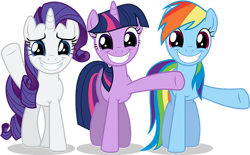 Size: 1042x644 | Tagged: safe, artist:tomfraggle, edit, editor:incredibubbleirishguy, imported from derpibooru, vector edit, rainbow dash, rarity, twilight sparkle, pegasus, pony, unicorn, dragon quest, fake smile, female, forced smile, simple background, smile and wave, smiling, transparent background, trio, trio female, unicorn twilight, vector, waving