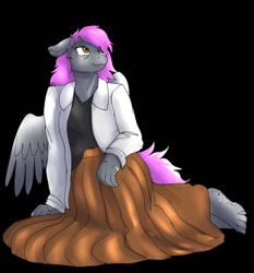 Size: 1192x1280 | Tagged: safe, artist:ketzel99, artist:ketzelfeathers, imported from derpibooru, oc, oc only, oc:crash dive, anthro, pegasus, barefoot, black background, clothes, coat, dress, feet, female, lab coat, relaxing, scar, simple background, solo