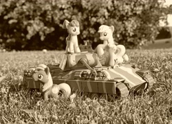 Size: 4000x2882 | Tagged: safe, artist:dingopatagonico, imported from derpibooru, apple bloom, applejack, big macintosh, earth pony, panther tank, panzer, photo, sepia, tank (vehicle), toy