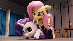 Size: 3840x2160 | Tagged: safe, artist:therealdjthed, imported from derpibooru, fluttershy, rarity, pony, 3d, 3d model, biting, clothes, duo, ear bite, g4, gachimuchi, latex, latex socks, locker room, playful, render, renderman, socks, water bottle