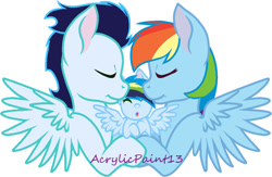Size: 1024x669 | Tagged: safe, artist:acrylicpaint13, imported from derpibooru, rainbow dash, soarin', oc, pegasus, pony, baby, baby pony, carrying, eyes closed, female, filly, foal, male, mare, offspring, parent:rainbow dash, parent:soarin', parents:soarindash, shipping, simple background, soarindash, stallion, straight, white background