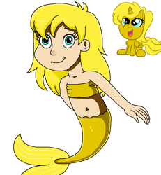 Size: 673x727 | Tagged: safe, artist:ocean lover, imported from derpibooru, oc, oc only, oc:ticket, alicorn, human, mermaid, bandeau, bare shoulders, belly, belly button, blonde, blonde hair, child, fish tail, human coloration, humanized, light skin, looking up, mermaid tail, mermaidized, mermay, midriff, ms paint, reference, simple background, sleeveless, smiling, species swap, tail, teal eyes, white background