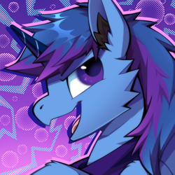 Size: 1000x1000 | Tagged: safe, artist:breloomsgarden, imported from derpibooru, oc, oc only, oc:bak, pony, unicorn, blue background, blue mane, chest fluff, ear fluff, horn, icon, purple background, purple eyes, purple mane, simple background, unicorn oc