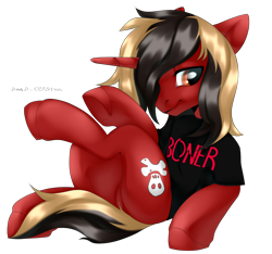 Size: 2000x1875 | Tagged: safe, alternate version, artist:deadoyster, imported from derpibooru, pony, unicorn, all time low, butt, clothes, commission, dyed mane, dyed tail, featureless crotch, horn, jack barakat, male, plot, ponified, shirt, signature, simple background, sitting, smiling, solo, stallion, t-shirt, tail, transparent background, underhoof, ych result