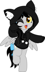 Size: 3138x5000 | Tagged: safe, artist:jhayarr23, imported from derpibooru, oc, oc only, oc:lightning dee, pegasus, pony, :3, bipedal, bow, butt fluff, cat ears, clothes, colored sclera, commission, dyed mane, eyeshadow, fangs, female, hoodie, kitty face, looking at you, makeup, mare, one eye closed, open mouth, raised hoof, raised leg, simple background, solo, spread wings, tail, tail bow, transparent background, wings, wink, ych result