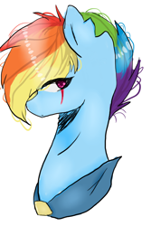 Size: 4000x6000 | Tagged: safe, artist:mynameislele, imported from derpibooru, rainbow dash, pony, absurd resolution, alternate hairstyle, bust, eye scar, facial scar, messy mane, scar, simple background, solo, torn ear, white background