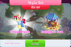 Size: 1268x853 | Tagged: safe, imported from derpibooru, torque wrench, earth pony, pony, bundle, clothes, costs real money, engrish, female, gameloft, mare, mobile game, my little pony: magic princess, numbers, official, overalls, sale, solo, text