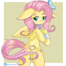 Size: 3000x3000 | Tagged: safe, artist:fd, imported from derpibooru, fluttershy, butterfly, pegasus, pony, :3, bandage, bandaged hoof, bandaged leg, bipedal, colored ear fluff, colored eyebrows, colored hooves, colored lineart, colored pupils, eyebrows, eyelashes, feathered wings, female, floppy ears, hoof fluff, long mane, long tail, loose hair, mare, nya, pink mane, raised hooves, simple background, solo, standing on two hooves, tail, wings, yellow coat