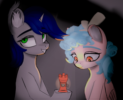 Size: 1221x1003 | Tagged: safe, artist:houl2902, imported from derpibooru, cozy glow, oc, pegasus, pony, unicorn, duo, fanfic art, lantern, smiling