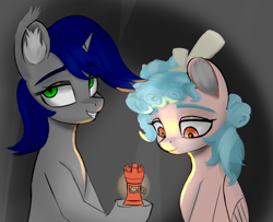 Size: 1258x1019 | Tagged: safe, artist:houl2902, imported from derpibooru, cozy glow, oc, bat pony, duo, fanfic art, lantern, smiling