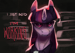 Size: 2480x1754 | Tagged: safe, artist:feelinnglad, imported from derpibooru, twilight sparkle, pony, unicorn, angry, clothes, creepy, frown, solo, text