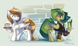 Size: 3007x1784 | Tagged: safe, artist:feelinnglad, imported from derpibooru, oc, oc only, oc:coffee cream, oc:mojito lush, pegasus, pony, alcohol, clothes, cocktail, coffee, drink, male, mojito, watch