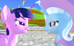 Size: 1920x1200 | Tagged: safe, artist:puzzlshield2, imported from derpibooru, trixie, twilight sparkle, alicorn, pony, no second prances, 3d, cape, clothes, duo, forced smile, hat, mmd, recreation, scene interpretation, smiling, smug, super mario bros., super mario galaxy, trixie's cape, trixie's hat, twilight sparkle (alicorn)
